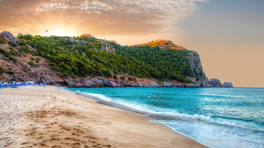 Alanya: Catamaran Boat Trip with Swim Stops and Sunbathing - Cleopatra Beach from a catamaran viewpoint