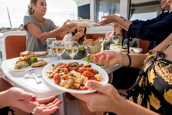 Athens Semi Private Sunset Catamaran Cruise with meal & drinks - Dinner served while the light changes