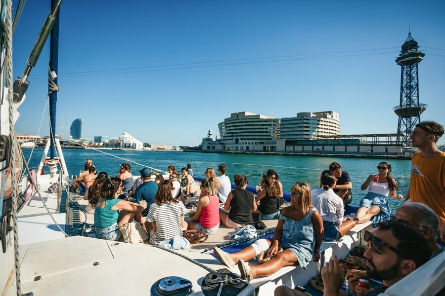 Barcelona: Sunset Catamaran Cruise with Live Music - The net deck is the signature feature