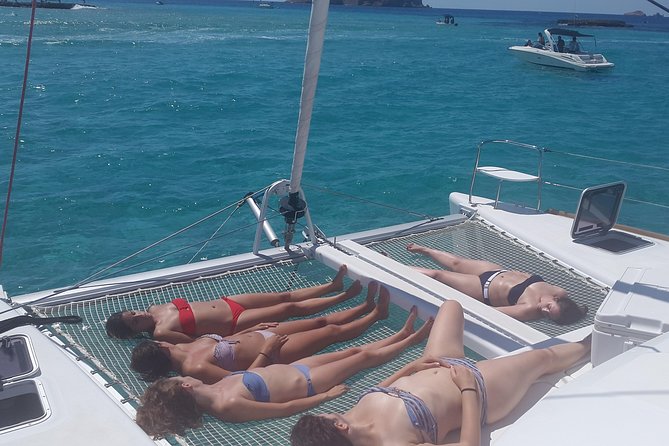 Cala Comte Private Catamaran Tour - Leaving Sant Antoni under sail