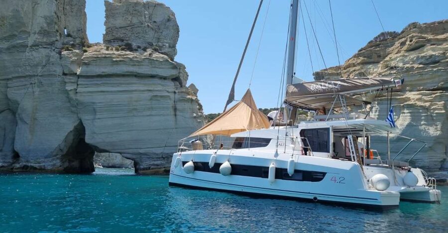 Milos: Full-Day Catamaran Cruise with Food and Open Bar - Cape Vani and Milos volcanic scenery