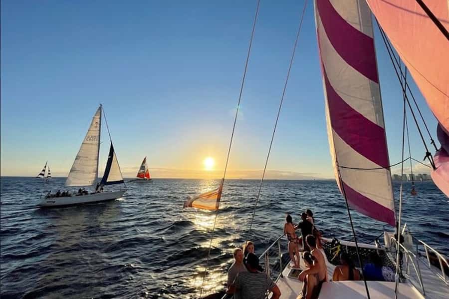 Oahu: Waikiki Sunset Catamaran Sail and Swim - Heading out with Diamond Head in view
