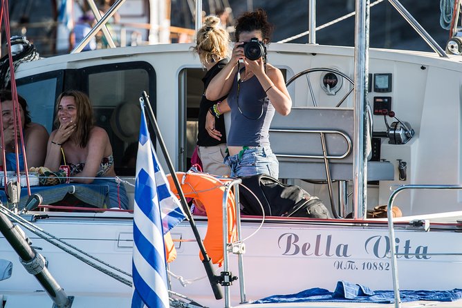 Santorini Adventurous Catamaran Experience with Snorkeling - White Beach, reached only by boat