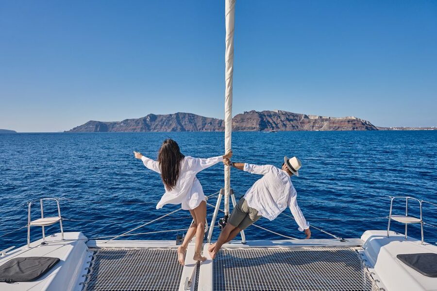 Santorini: Caldera Luxury Catamaran Cruise w/ Meal & Drinks - A Greek BBQ served on the back of the boat