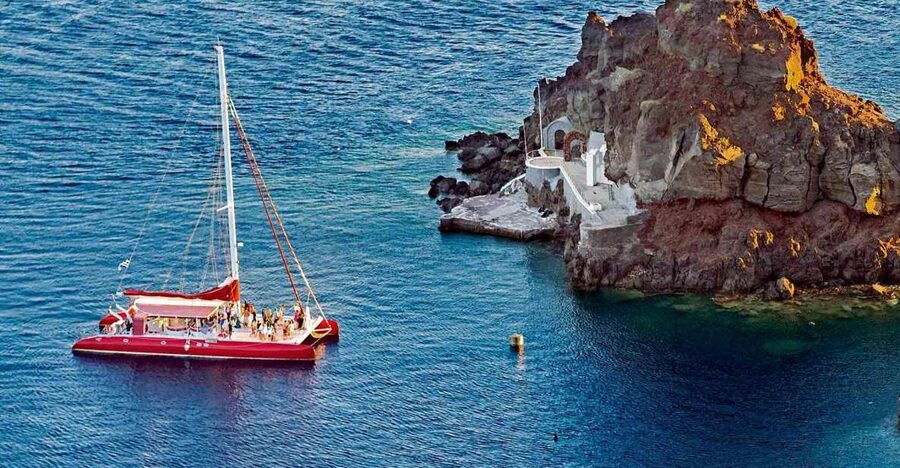 Santorini: Cruise Catamaran with BBQ & Drinks Day or Sunset - Pickup near Thera and the ride to the port