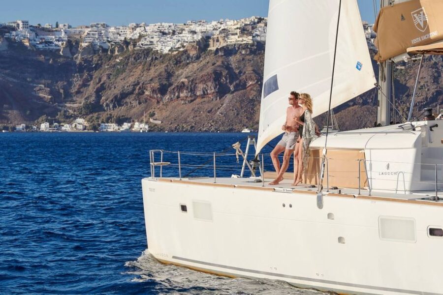 Santorini Gold Catamaran Cruise with Snorkel, BBQ & Open Bar - Setting sail from Vlychada Marina
