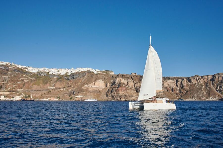 Santorini Gold Catamaran Cruise with Snorkel, BBQ & Open Bar - The volcanic hot springs