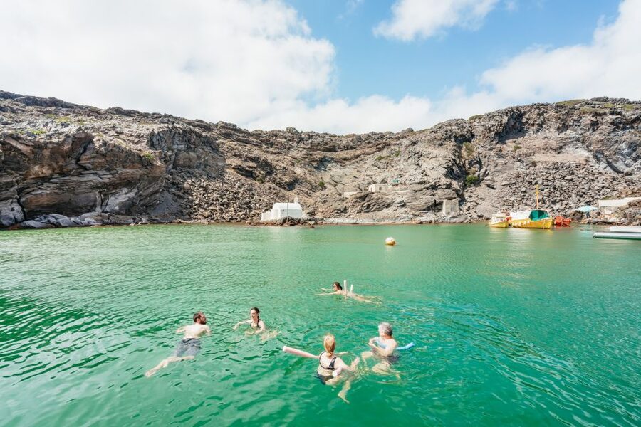 Santorini: Luxury Catamaran Day Trip with Meal and Open Bar - Lunch or dinner from the onboard grill
