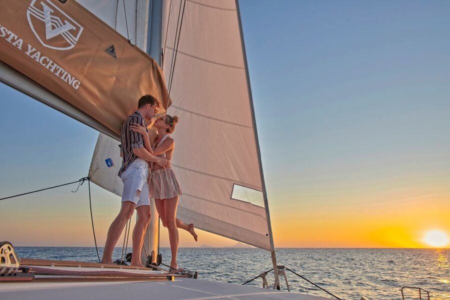 Santorini: Platinum Catamaran Cruise w/ BBQ Meal & Open Bar - A five-hour view of Santorini from the sea