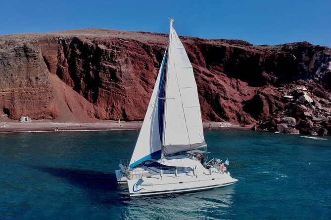 Santorini: Premium Small-Group Catamaran Cruise with Food/Drinks - Santorini from the sea, not the cliff path