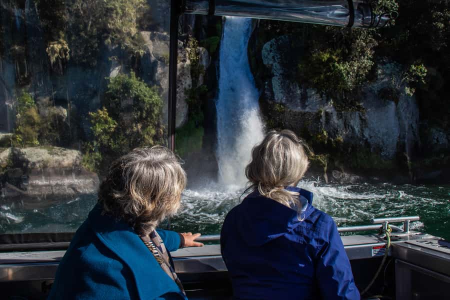 Taupo: Lake Taupo Western Bays Catamaran Tour with Bush Walk - Otupotu Falls from the front of the boat